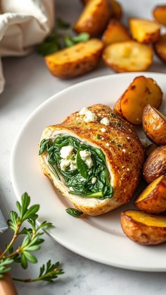 A plate of spinach and feta stuffed chicken with roasted potatoes on the side.