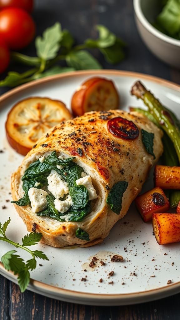 Spinach and feta stuffed chicken breast served with vegetables.