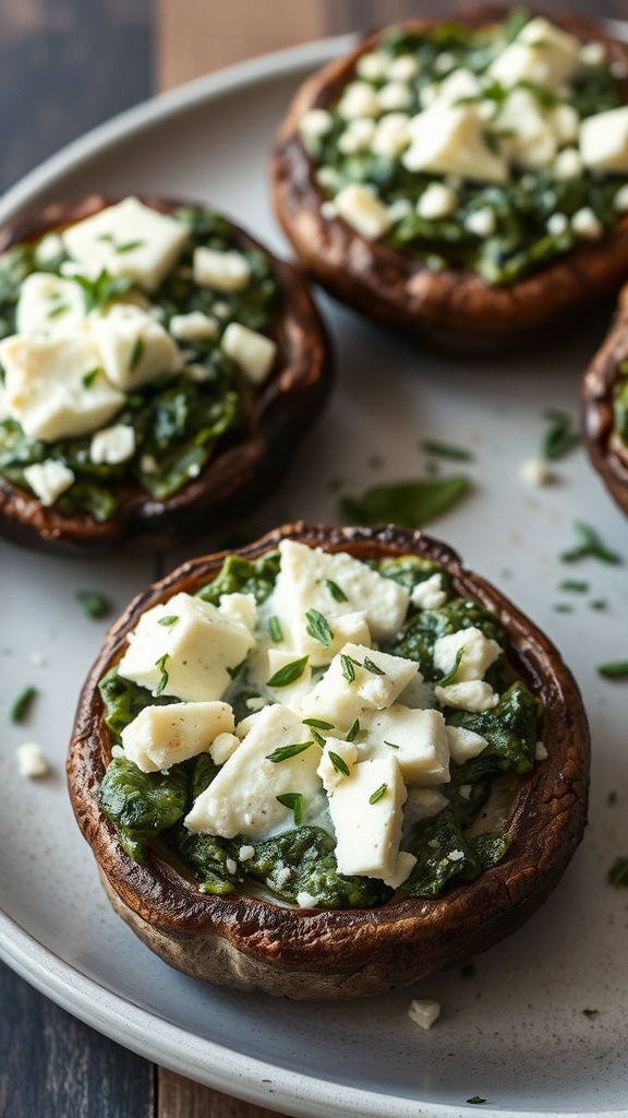Stuffed portobello mushrooms filled with spinach and feta cheese on a plate.