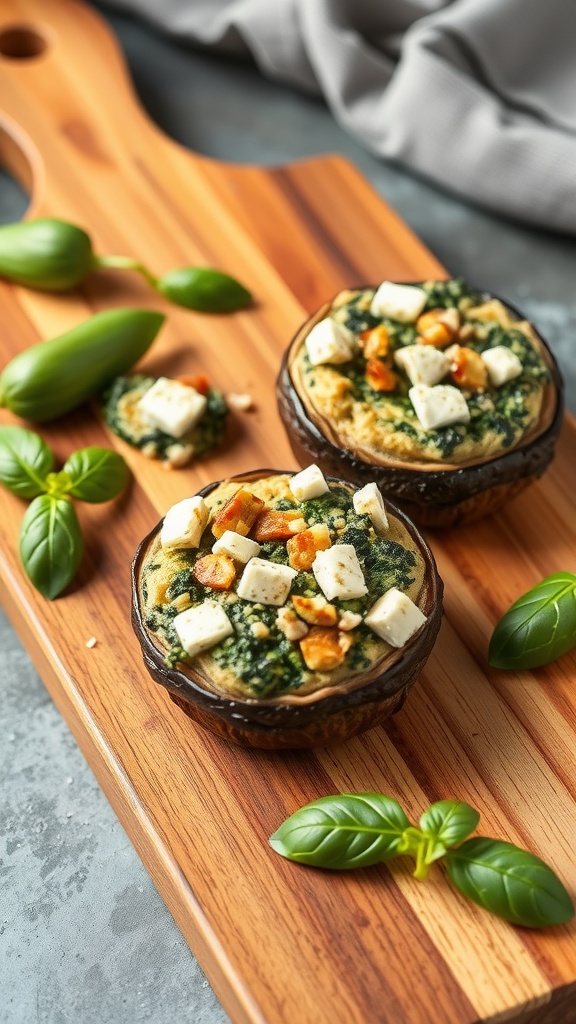 Spinach and feta stuffed portobello mushrooms on a wooden cutting board with fresh basil.