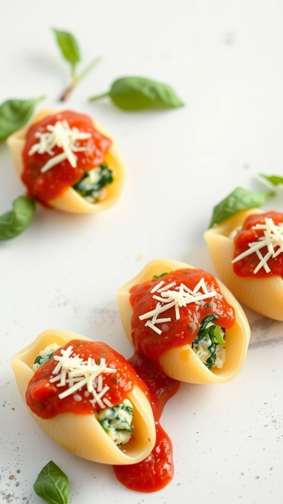 Spinach and ricotta stuffed pasta shells topped with marinara sauce and cheese.
