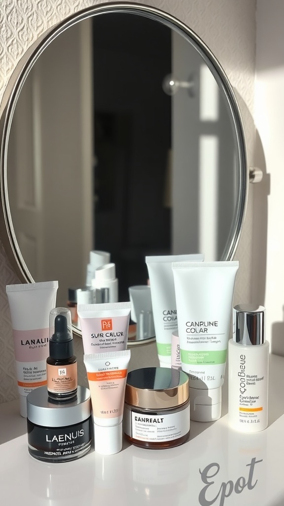 A collection of skincare products arranged on a countertop with a mirror in the background.