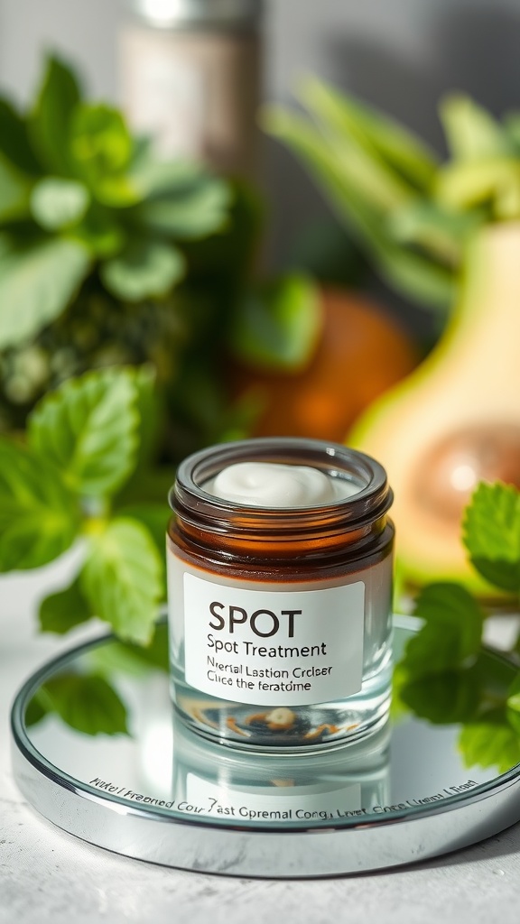 A jar of spot treatment cream labeled 'SPOT' with green leafy background, showcasing natural skincare ingredients.