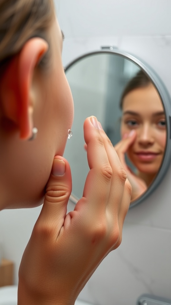 A person applying spot treatment on their skin while looking in a mirror.