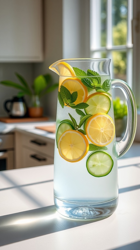 A clear pitcher of infused water with lemon and lime slices and mint leaves on a kitchen counter.