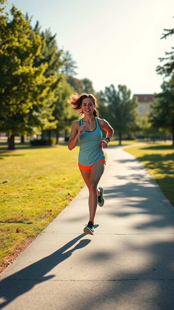 A woman jogging in a sunny park, promoting an active lifestyle for better skin health.