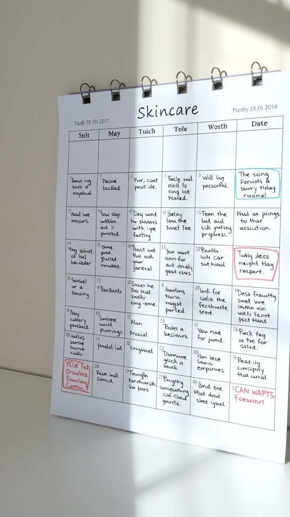 A skincare calendar showing daily routines and treatments.