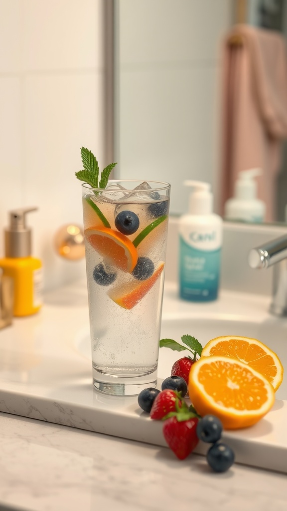 A refreshing drink with fruits like oranges and berries on a bathroom counter.