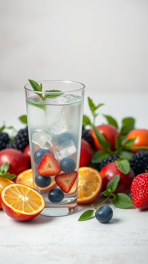A glass of fruit-infused water with strawberries, blueberries, and lemon slices, surrounded by fresh fruits.