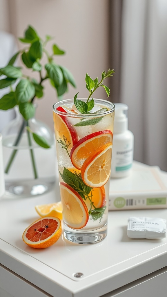 A refreshing glass of sparkling water with citrus slices and mint, placed next to skincare products.