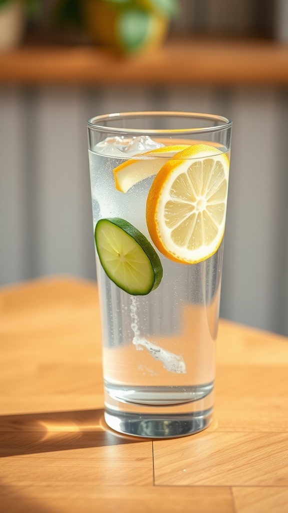 A refreshing glass of water with slices of lemon and lime on a wooden table.