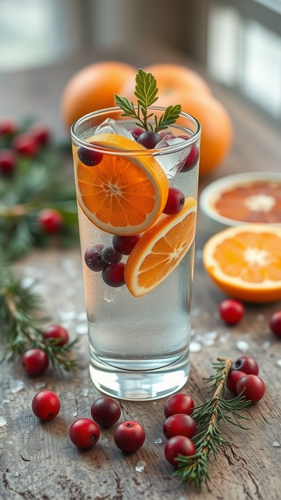 A refreshing drink with slices of orange and cranberries, garnished with a green sprig, on a wooden table.