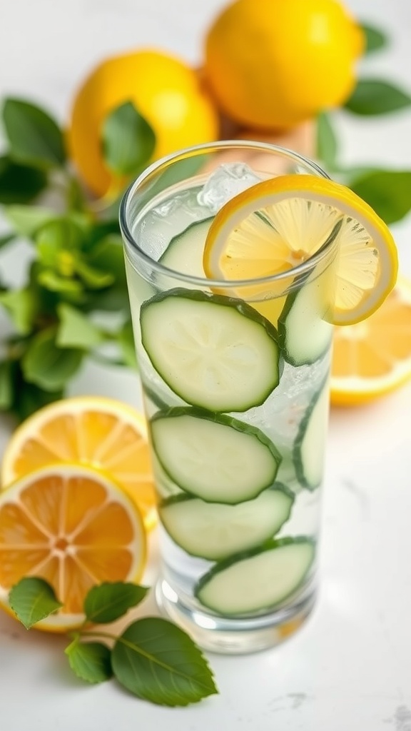 A refreshing glass of cucumber and lemon water with lemon slices and fresh mint leaves.
