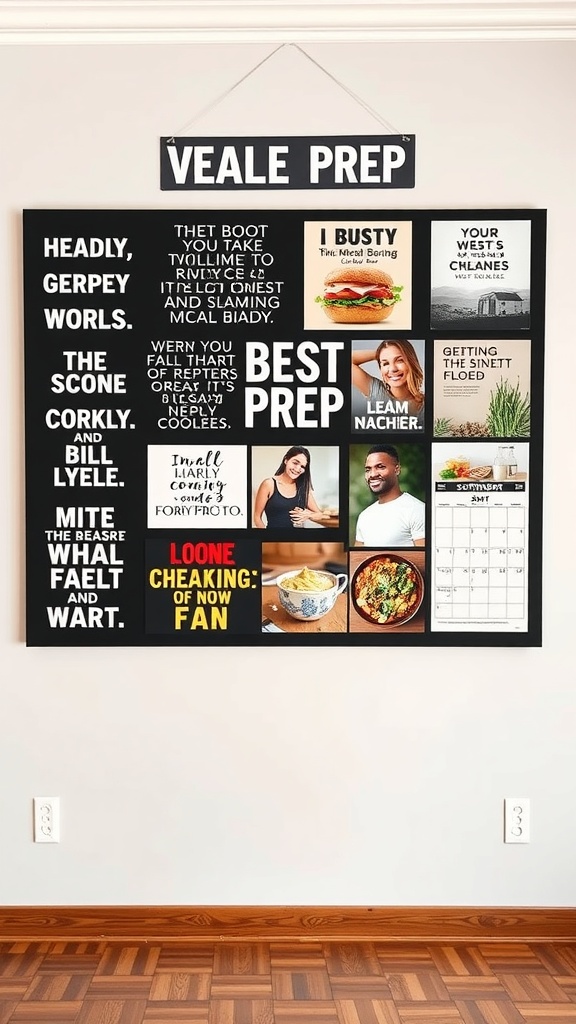 A colorful meal prep board with motivational phrases and images of healthy meals.