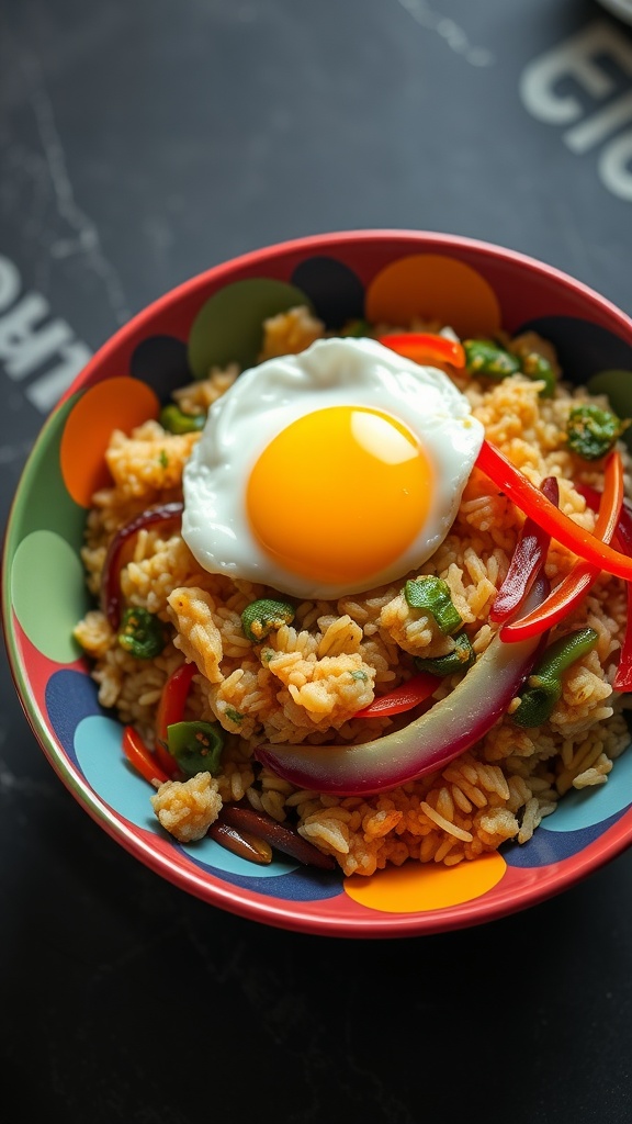 A colorful bowl of stir-fried rice with assorted vegetables topped with a fried egg.