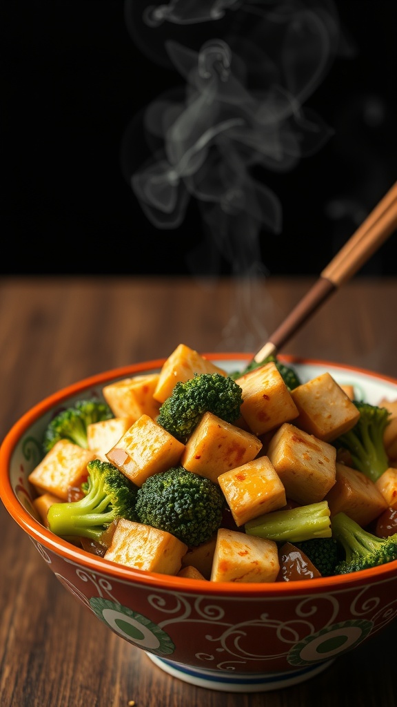A colorful bowl of stir-fried tofu and broccoli with steam rising, showcasing a healthy meal prep option.