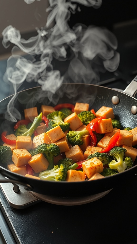 A pan with stir-fried tofu, broccoli, and red bell peppers, with steam rising.