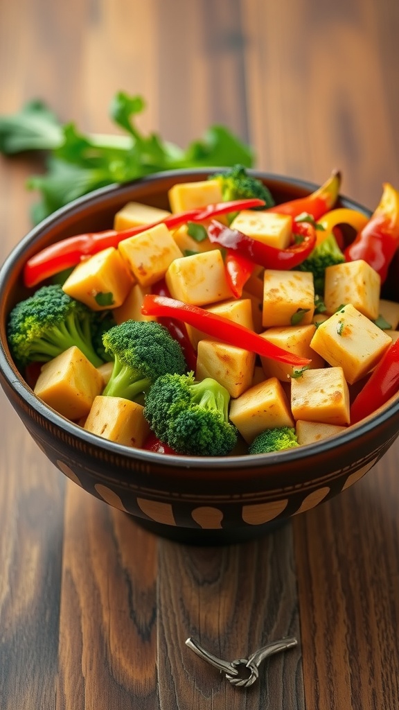 A colorful bowl of stir-fried tofu with broccoli and bell peppers on a wooden table.