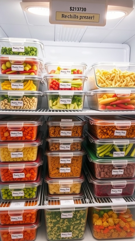 Organized freezer with colorful containers of prepped vegetables.