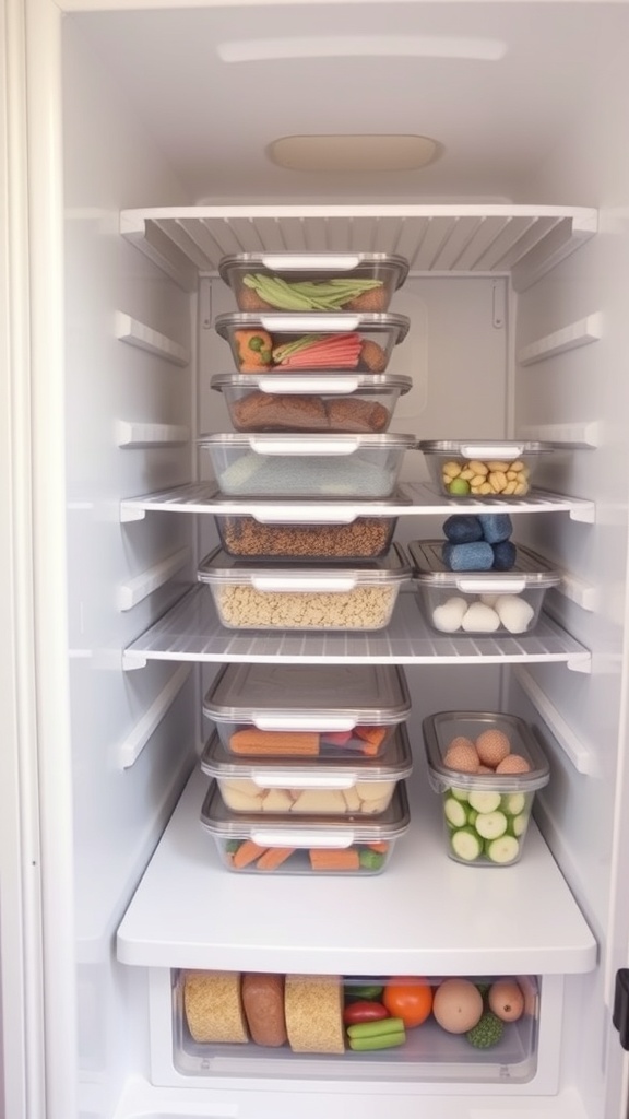 A well-organized refrigerator with meal prep containers filled with various ingredients.