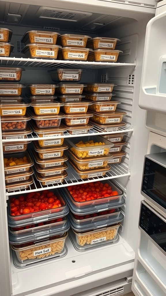 Organized fridge with labeled meal prep containers