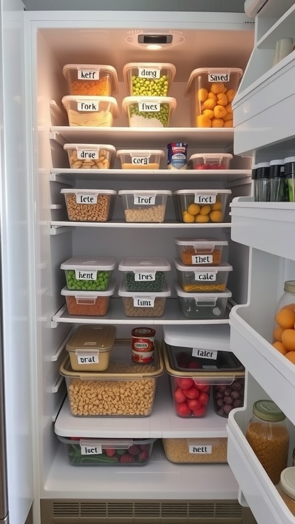 Organized fridge with labeled containers for meal prep