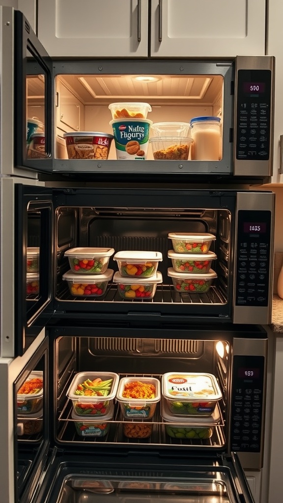 A well-organized fridge with meal prep containers filled with colorful vegetables and proteins.