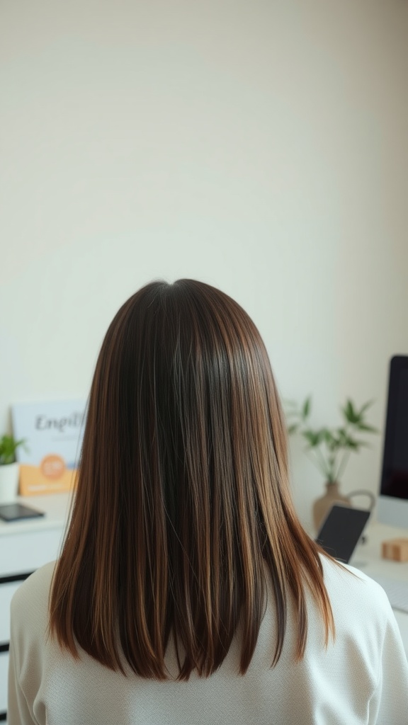 A person with straight, shiny hair viewed from the back, showcasing a clean and polished hairstyle.