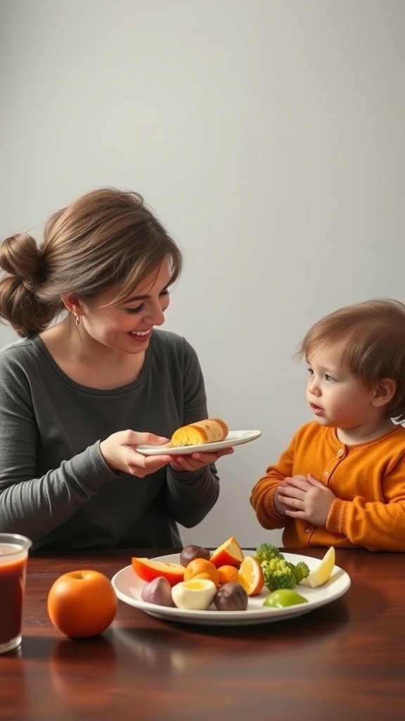A mother and child sharing a meal with fruits and snacks on a table.