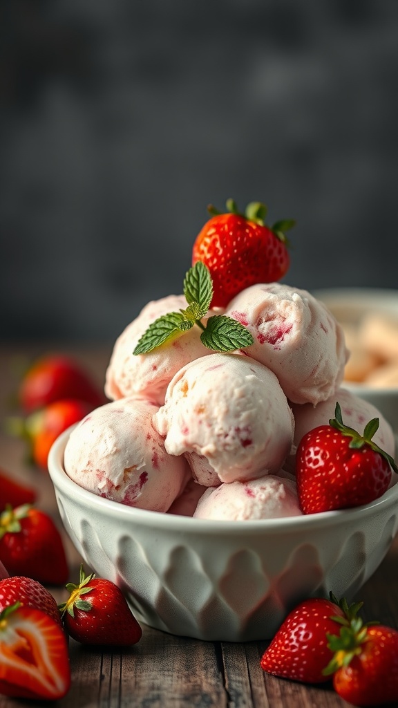 A bowl of strawberry banana ice cream garnished with fresh strawberries and mint.