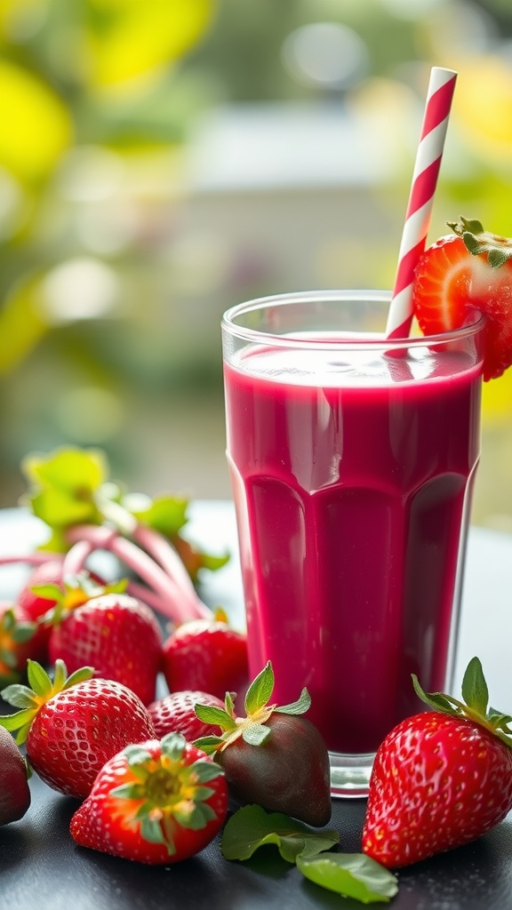 A vibrant strawberry beet smoothie in a glass with fresh strawberries around it.