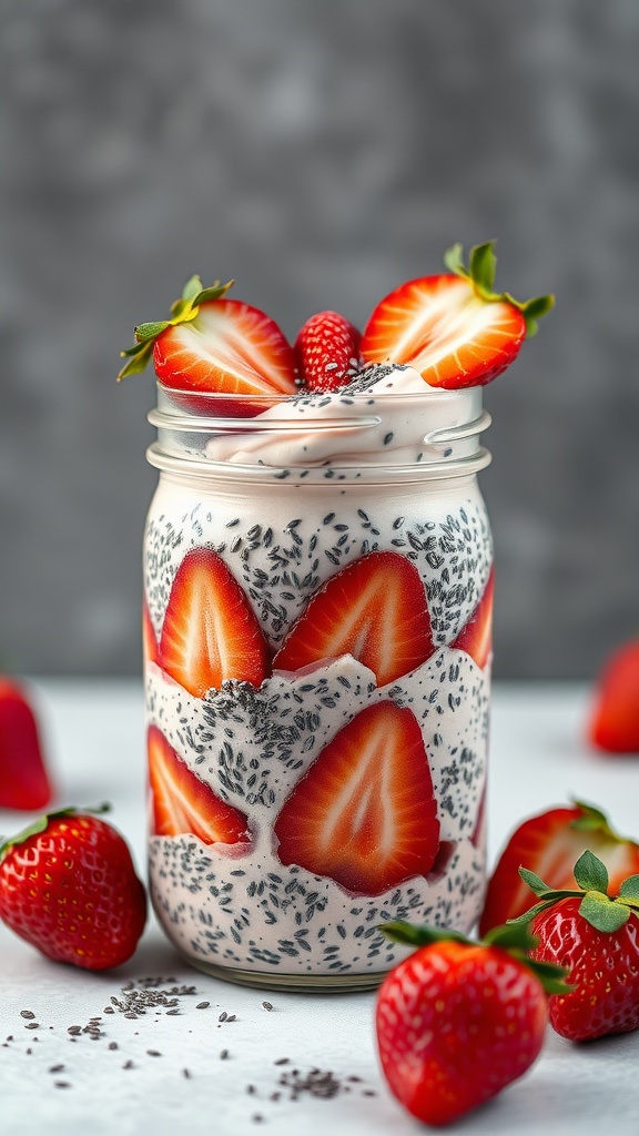 A deliciously layered strawberry chia seed pudding in a glass jar with fresh strawberries around it.