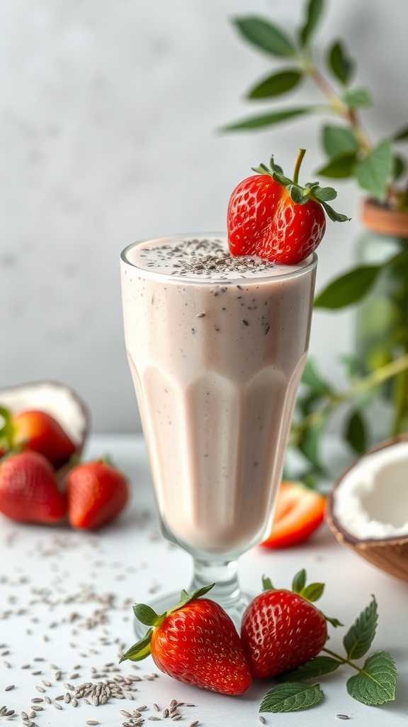 A refreshing Strawberry Coconut Chia Smoothie in a glass, garnished with a strawberry on top.