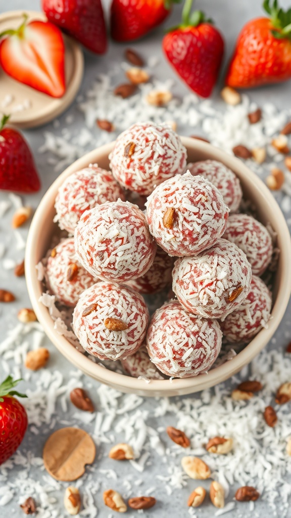 A bowl of strawberry coconut energy bites with fresh strawberries and coconut flakes surrounding it.