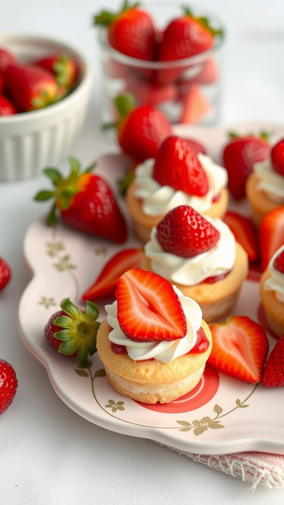 A plate of strawberry shortcake bites topped with fresh strawberries and whipped cream.
