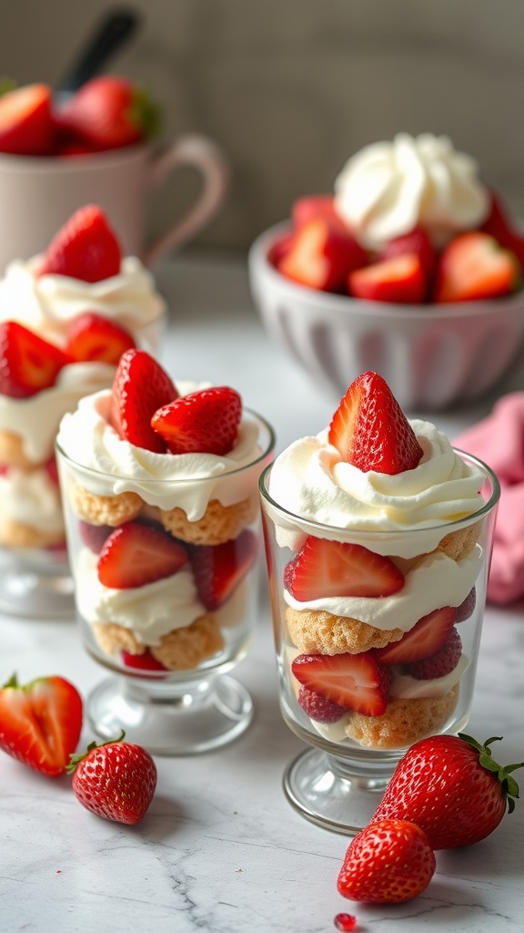 Delicious strawberry shortcake cups with layers of strawberries, whipped cream, and pound cake.