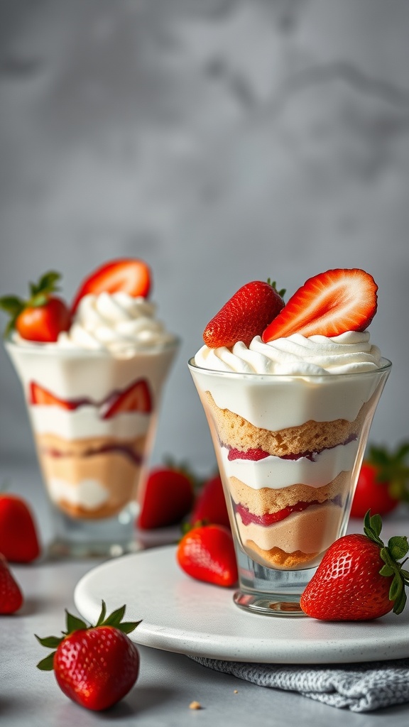 Delicious strawberry shortcake parfaits with layers of whipped cream, cake, and fresh strawberries.