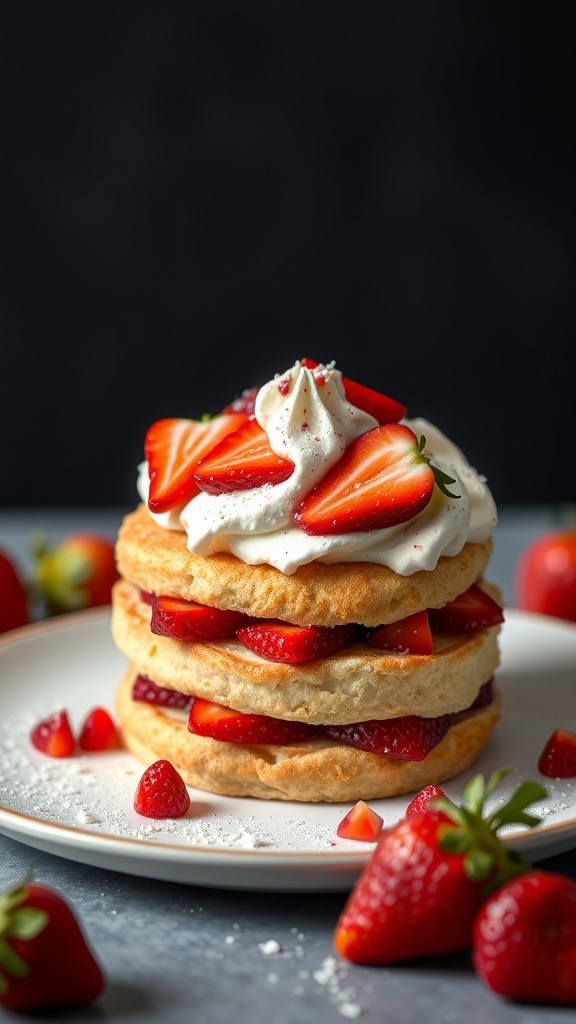A delicious strawberry shortcake with layers of fresh strawberries and whipped cream.