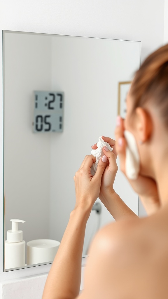 A person performing a skincare routine in front of a mirror.