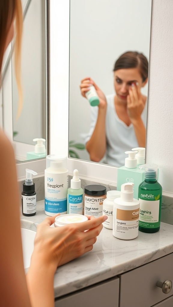 A woman applying skincare products in front of a bathroom mirror with various jars and bottles on the counter.