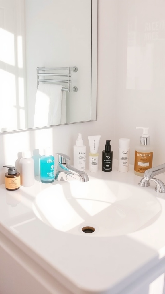 Neat bathroom sink with a variety of skincare products arranged for a morning routine.