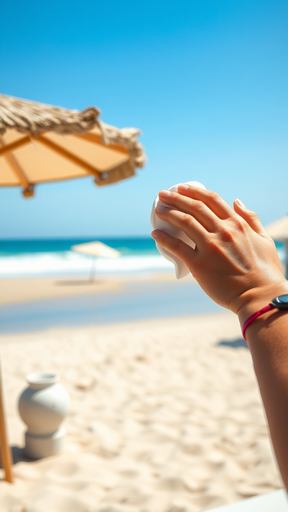 A hand holding a bottle of sunscreen with a beach in the background.