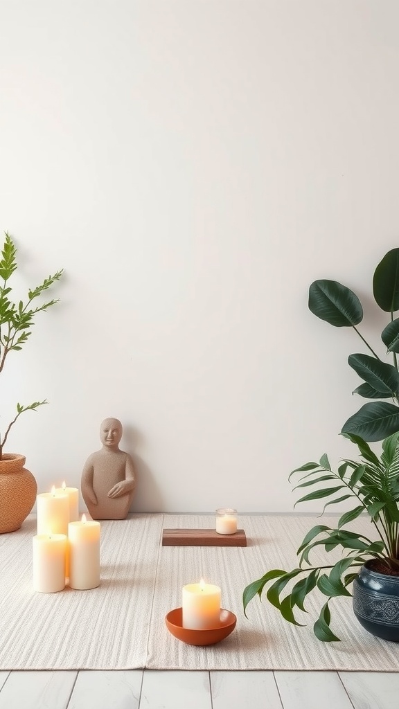 A serene space with soft candles, calming plants, and a minimalistic decor.