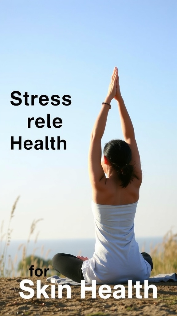 A woman practicing yoga outdoors, stretching her arms towards the sky, promoting stress relief for better skin health.
