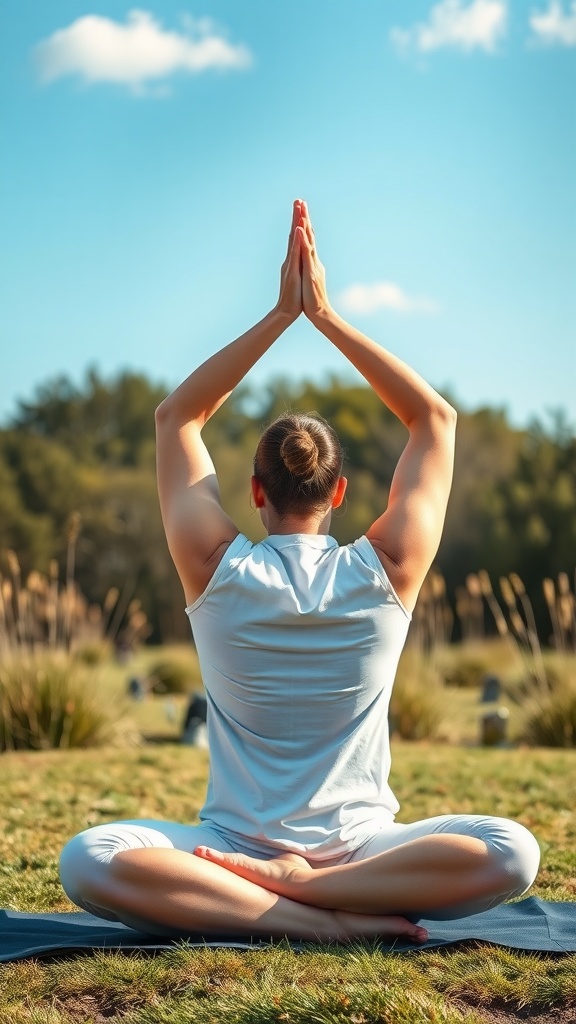 A person practicing yoga outdoors, hands raised in a prayer position against a clear sky.