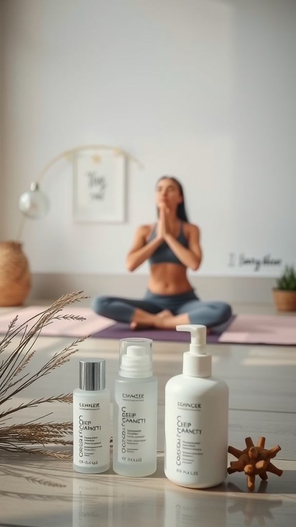 A woman practicing yoga in a calm environment with skincare products in the foreground.