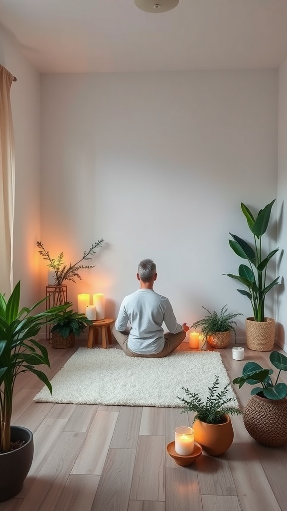 A person meditating in a serene room surrounded by plants and candles.