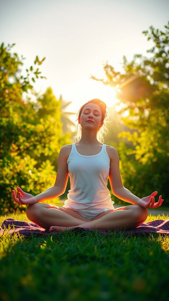A woman meditating outdoors in a serene setting with sunlight filtering through trees.