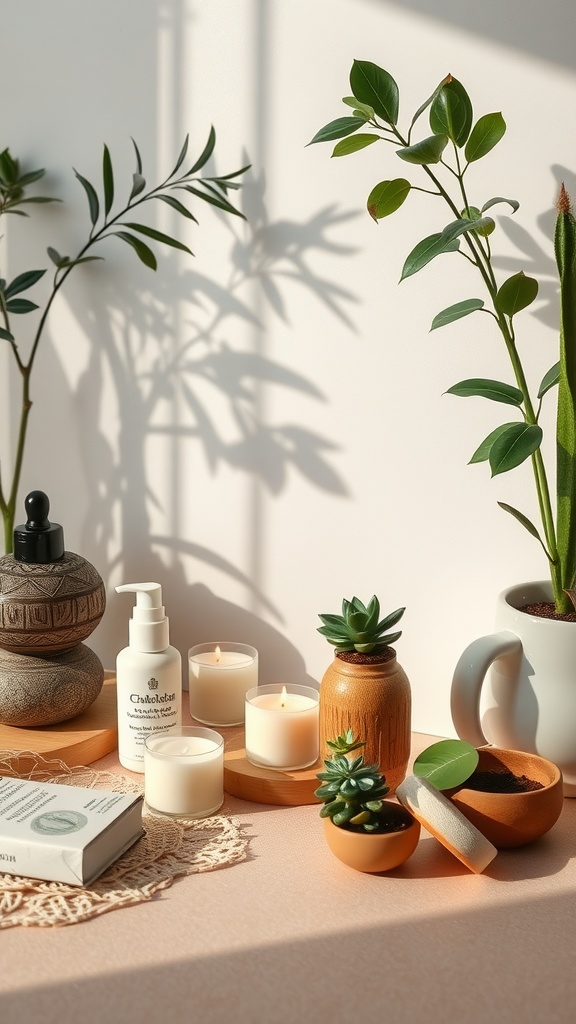 A calming skincare setup featuring plants, candles, and skincare products.