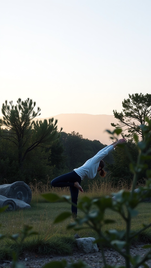 A person practicing yoga outdoors, surrounded by nature.